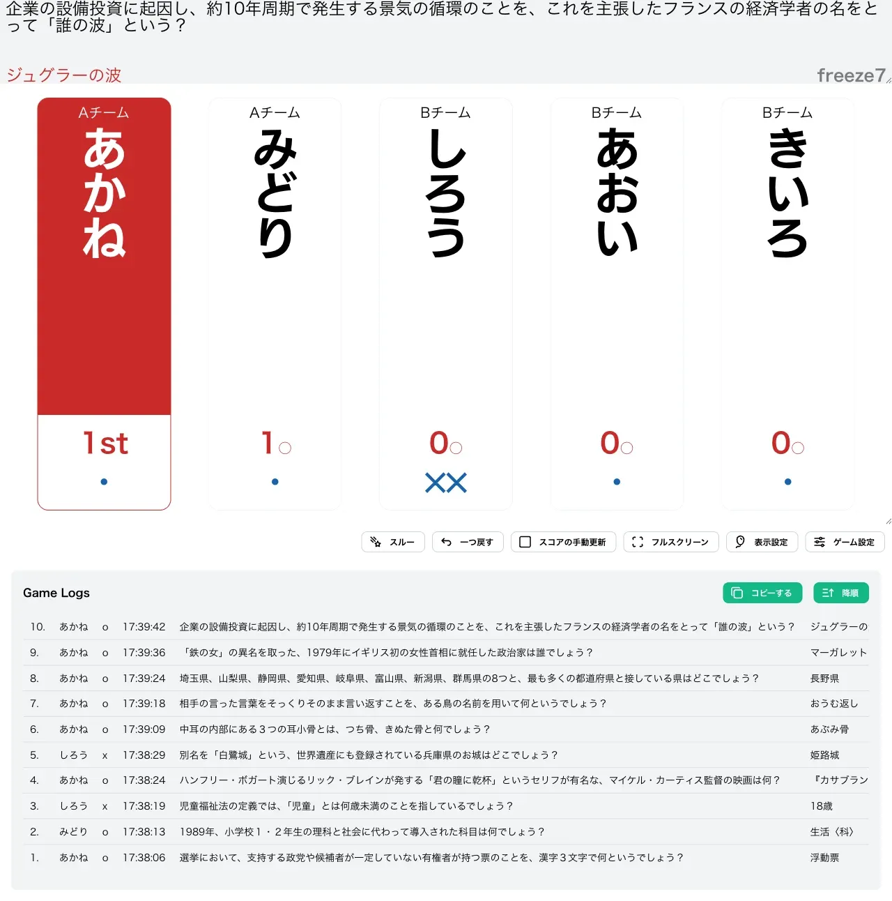 freezeXで1人が勝ち抜けた様子