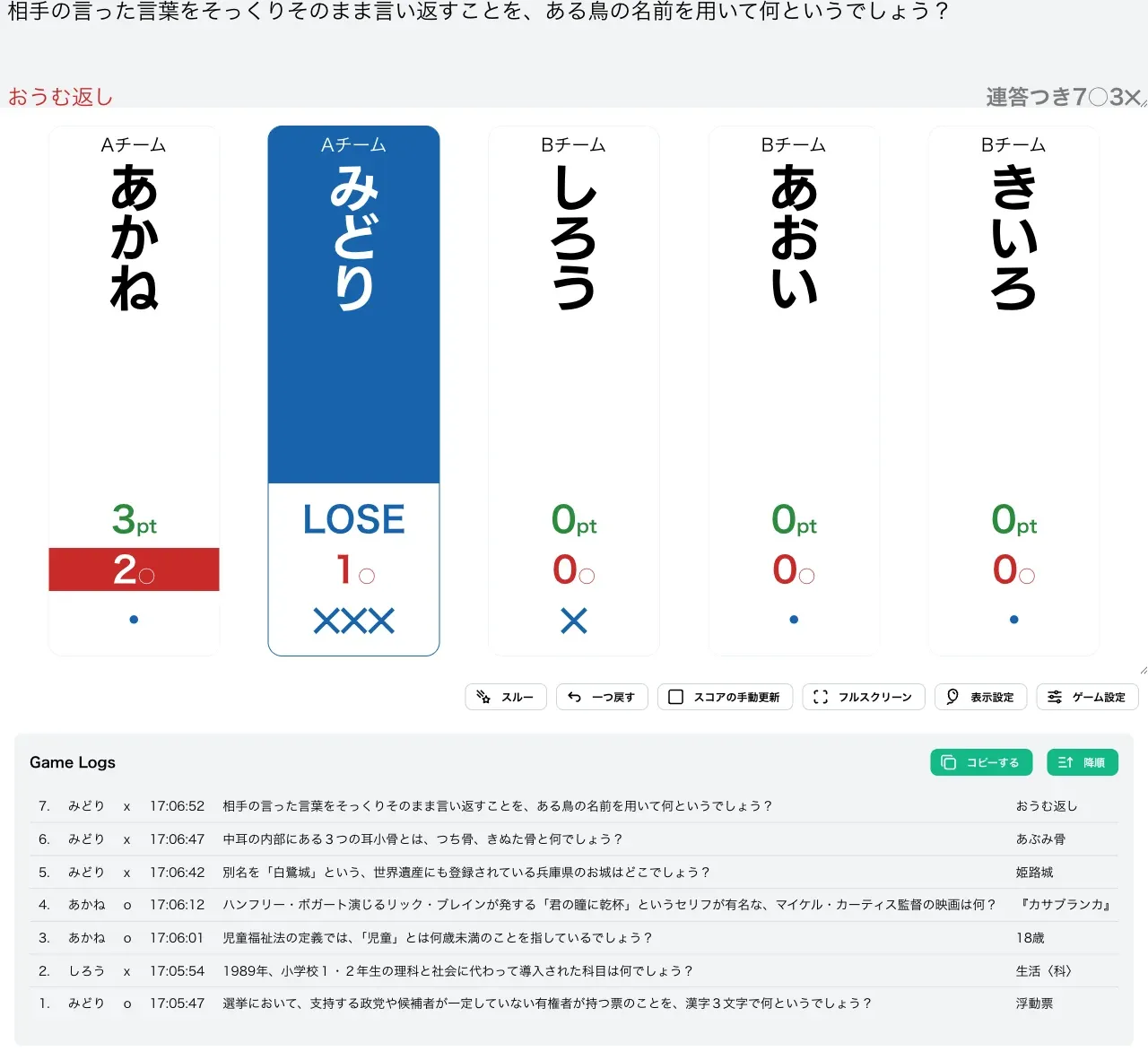 連答つきN○M✕で1人が失格した様子